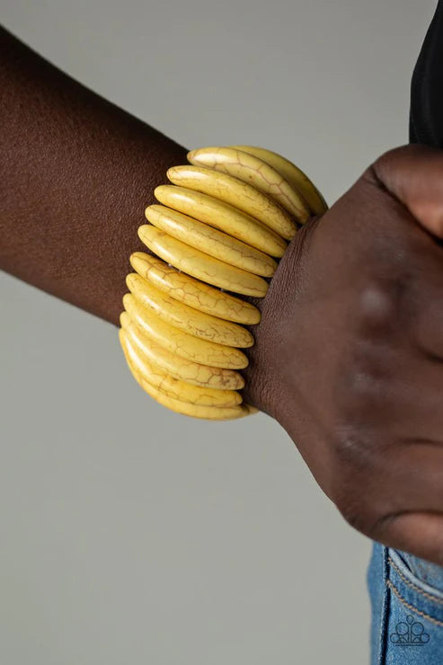 Naturally Nomad - Oversized Yellow Artisan Chiseled Crescent Stone Bracelet B#5830