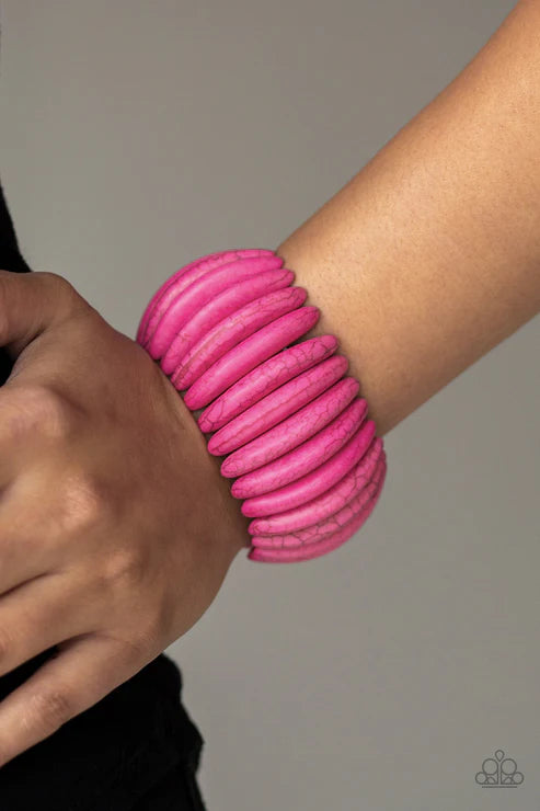 Naturally Nomad - Oversized Pink Artisan Chiseled Crescent Stone Bracelet B#5094