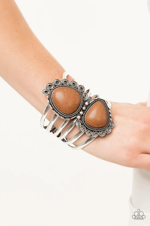 Nature Bound - Oversized Brown (Sugar Almond) Duo Asymmetrical Abstract Swirl Dotted Textured Stacked Stone Hinged Cuff Bracelet B#6309