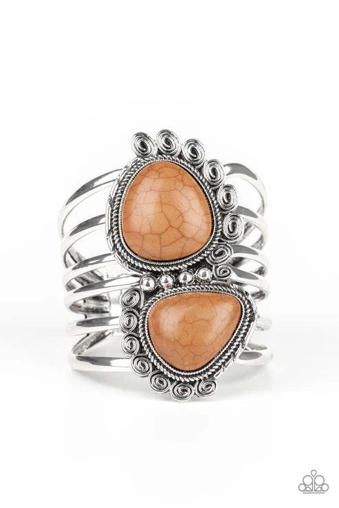 Nature Bound - Oversized Brown (Sugar Almond) Duo Asymmetrical Abstract Swirl Dotted Textured Stacked Stone Hinged Cuff Bracelet B#6309
