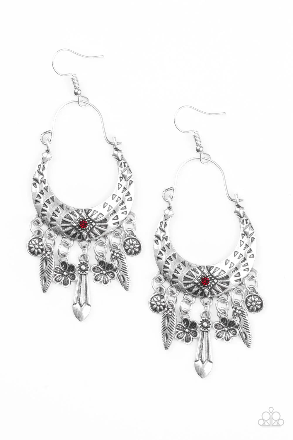 Nature Escape - Red Encrusted Abstract Suspended Stamped Triangular Textured Tribal Crescent Floral Fringe Earrings E#7101