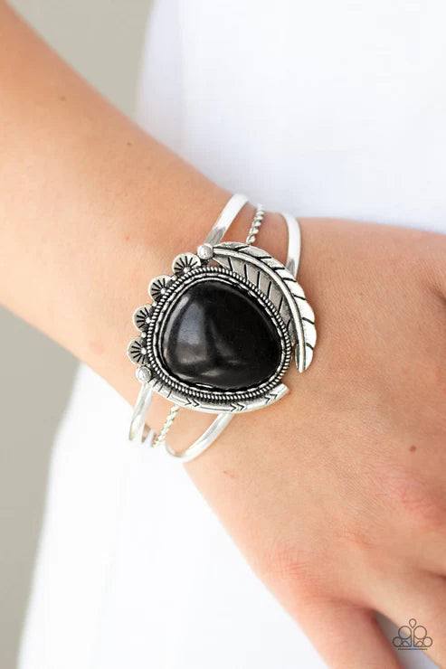Natures Bounty - Oversized Black Mismatched 3D Feather Stone Tribal Teardrop Cuff Bracelet B#5288