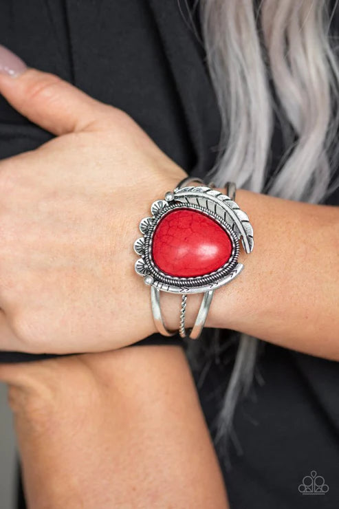 Natures Bounty - Oversized Red Mismatched 3D Feather Stone Tribal Teardrop Cuff Bracelet B#3492