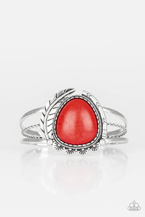Natures Bounty - Oversized Red Mismatched 3D Feather Stone Tribal Teardrop Cuff Bracelet B#3492