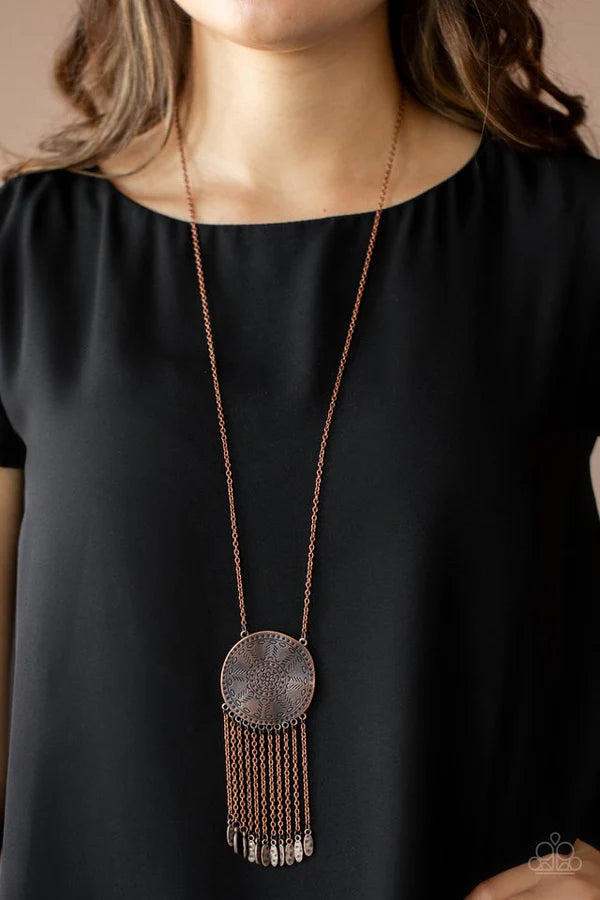 Natures Melody - Copper Imperfect Floral Hammered Disc Fringe Necklace N#6966