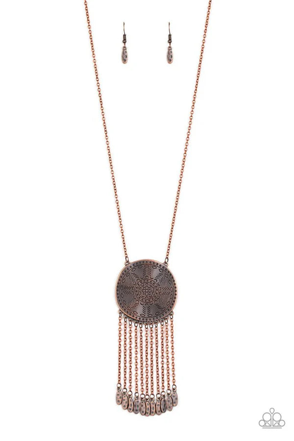 Natures Melody - Copper Imperfect Floral Hammered Disc Fringe Necklace N#6966