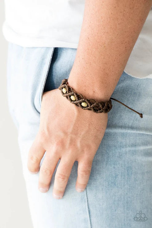 Nautical Navigator - Brown/Brass Netted Twine Knotted Cording Adjustable Sliding Knot Closure Urban Bracelet B#3692