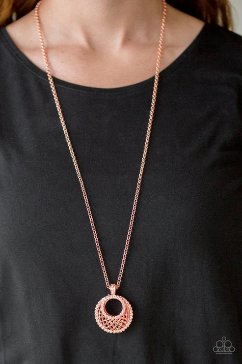 Net Worth - Copper/Peach Encrusted Crescent Net Necklace N#5651