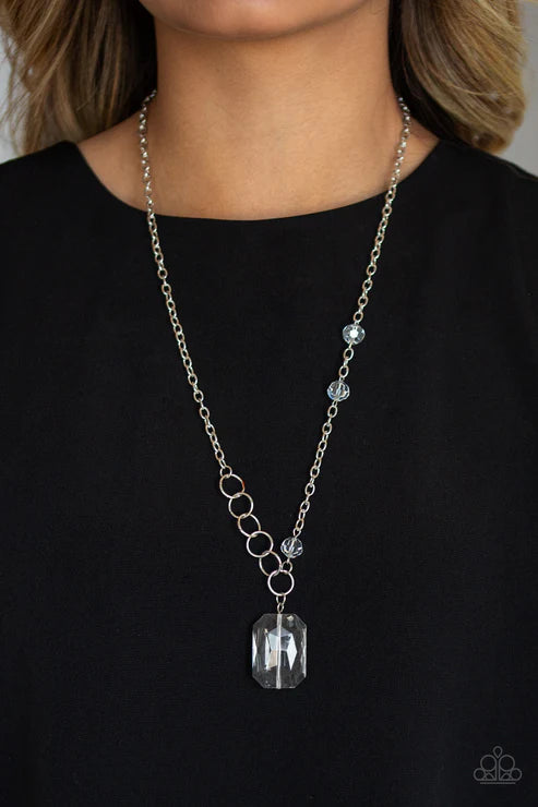 Never a Dull Moment - Oversized White Trio Asymmetrical Mismatched Crystal Emerald-Cut Necklace N#5323