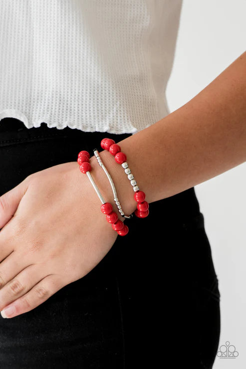 New Adventures - Red/Silver Polished Mismatched Accent Bracelet Stack B#4654