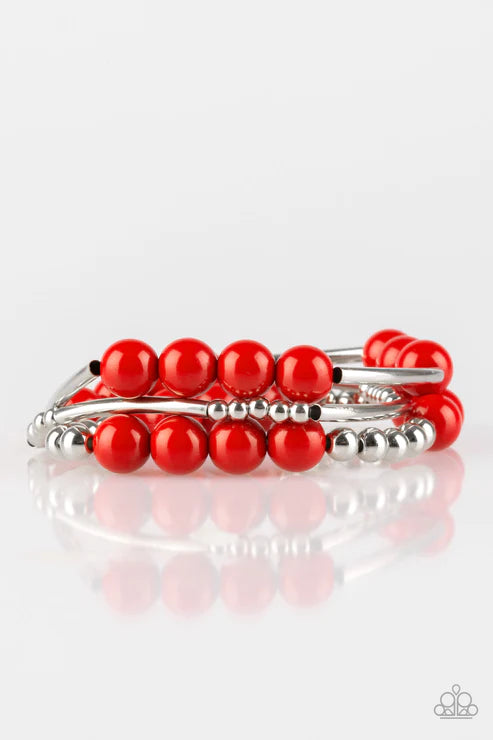 New Adventures - Red/Silver Polished Mismatched Accent Bracelet Stack B#4654