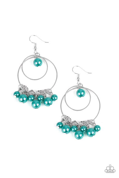 New York Attraction - Green Pearl Fringe Hoop Earrings E#3860