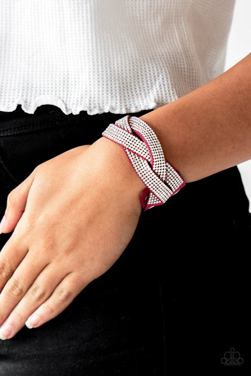Nice Girls Finish Last - Pink/White Encrusted Trio Braid Suede Wrap Adjustable Snap Closure Bracelet B#3636