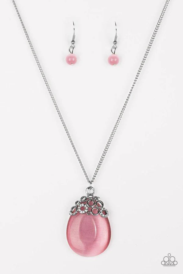 Nightcap and Gown - Bubbly Pink Dotted Encrusted Cat's Eye Moonstone Teardrop  Necklace N#6804