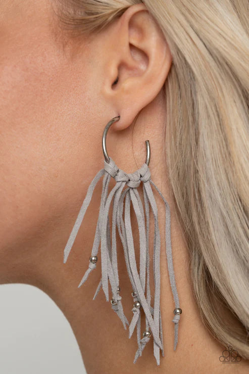 No Place Like HOMESPUN - Oversized Silver (Gray) Embellished Knotted Suede Hoop Fringe Earrings E#2978