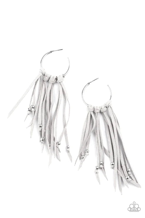 No Place Like HOMESPUN - Oversized Silver (Gray) Embellished Knotted Suede Hoop Fringe Earrings E#2978