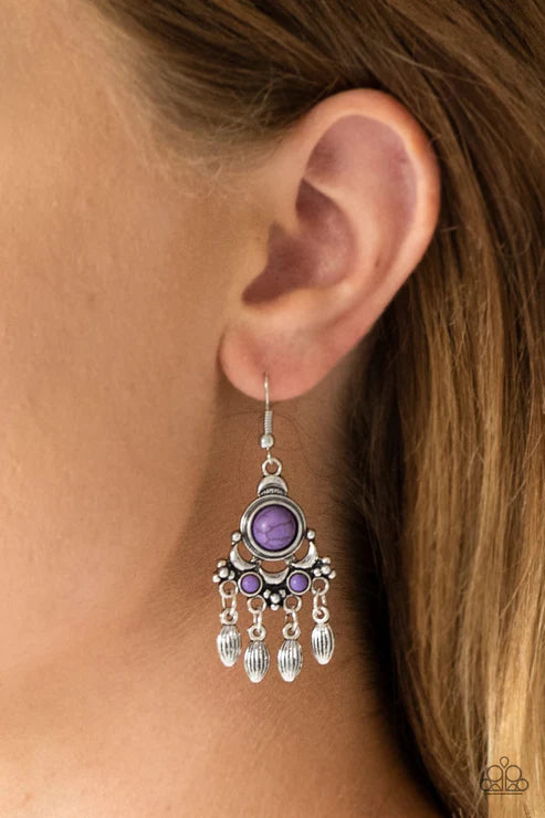 No Place Like HOMESTEAD - Purple Ornate Stone Accent Fringe Earrings E#5367