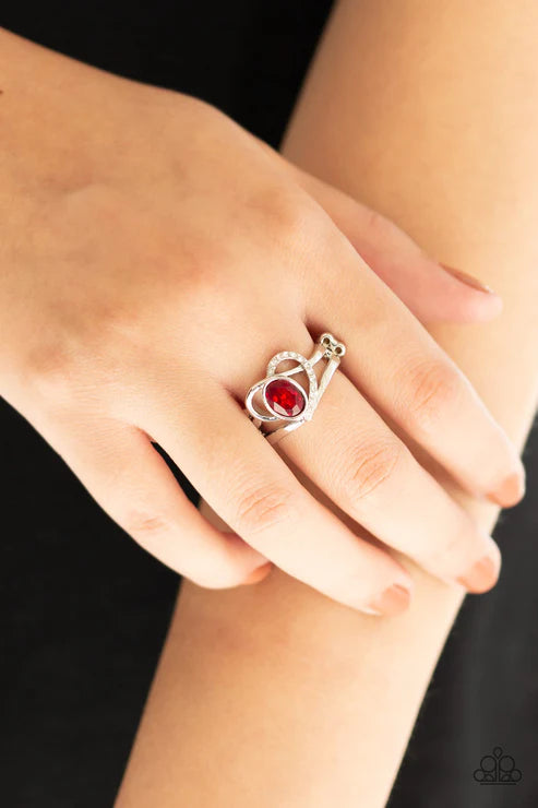 No HEART-Strings Attached - Red Airy Abstract 3D Heart Encrusted Ribbon Ring R#5791