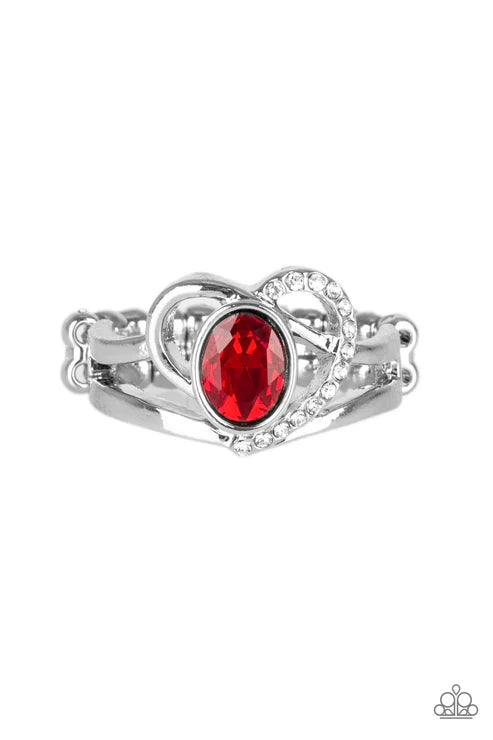 No HEART-Strings Attached - Red Airy Abstract 3D Heart Encrusted Ribbon Ring R#5791