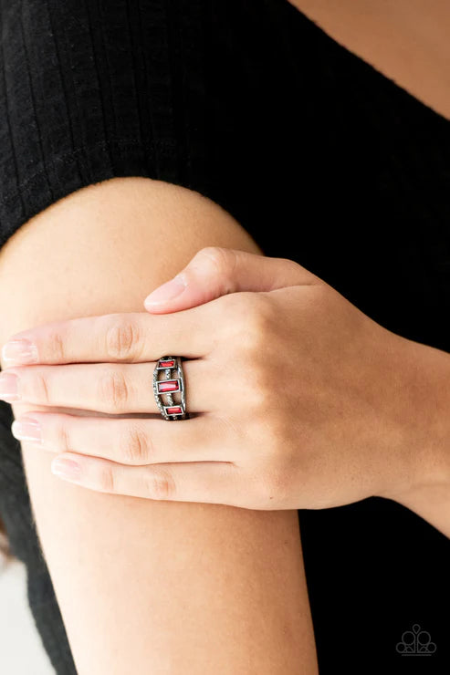 Noble Nova - Red/Gunmetal Hematite Emerald-Cut Encrusted Ring R#6052