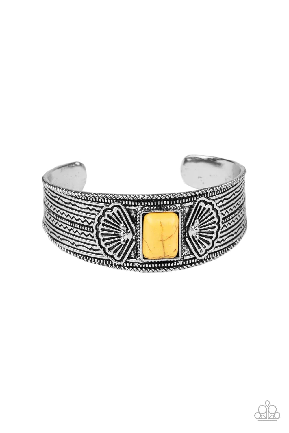 OCEAN MIST - Yellow Rectangular Stamped Shell Stone Tribal Cuff Bracelet B#5312