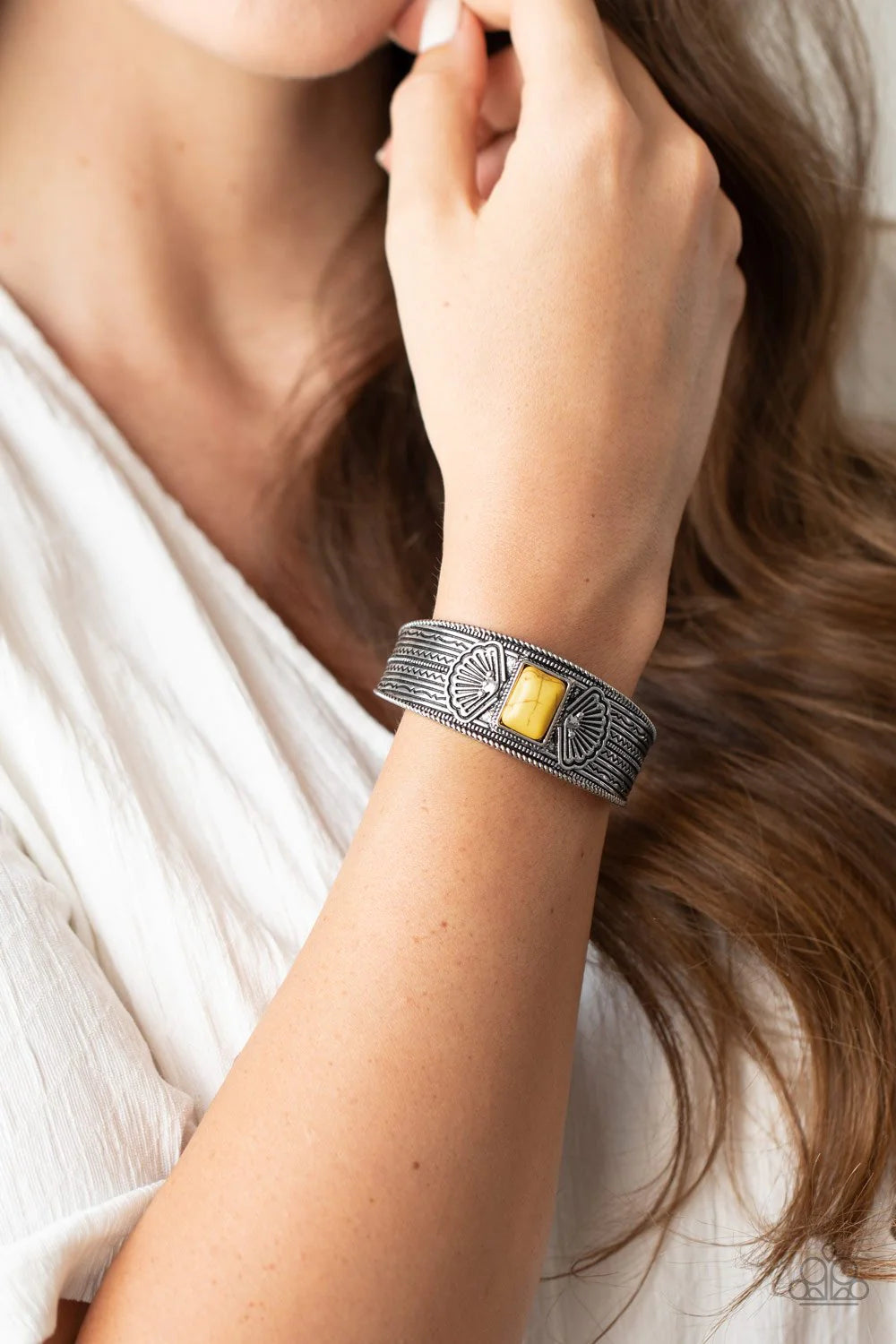 OCEAN MIST - Yellow Rectangular Stamped Shell Stone Tribal Cuff Bracelet B#5312