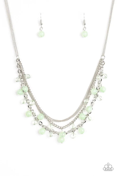 Ocean Odyssey - Bubbly Green Cloudy/Glassy Mismatched Chain Fringe Necklace N#3571