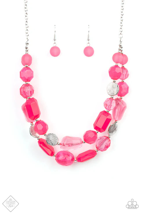 2-Piece Oversized Raspberry Sorbet Pink/Silver Opaque Flamboyant Crystal Set SET#6628