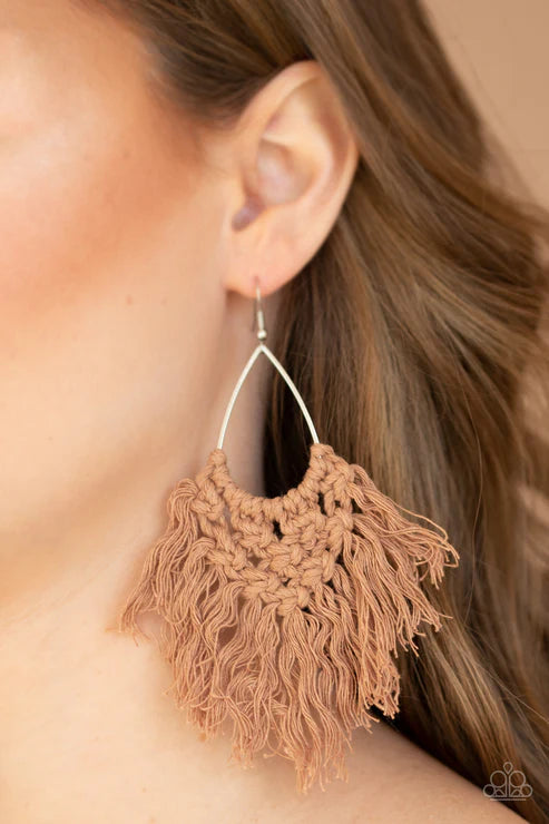 Oh MACRAME, Oh My - Brown Macrame Knotted Twine Teardrop Fringe Earrings E#5772