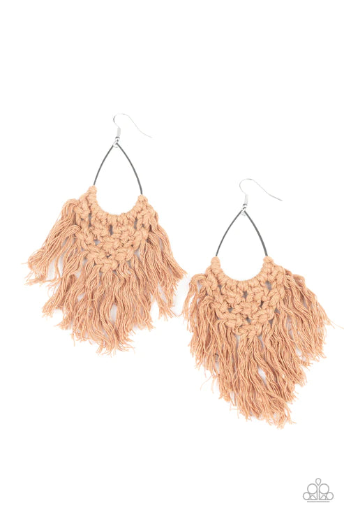 Oh MACRAME, Oh My - Brown Macrame Knotted Twine Teardrop Fringe Earrings E#5772