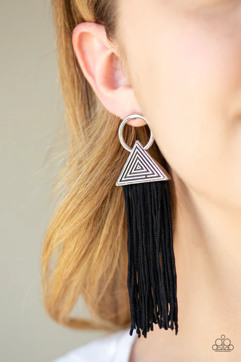 Oh My GIZA - Oversized Black Airy Hypnotic Triangular Cording Streams Dramatic Tassel Hoop Earrings E#7300