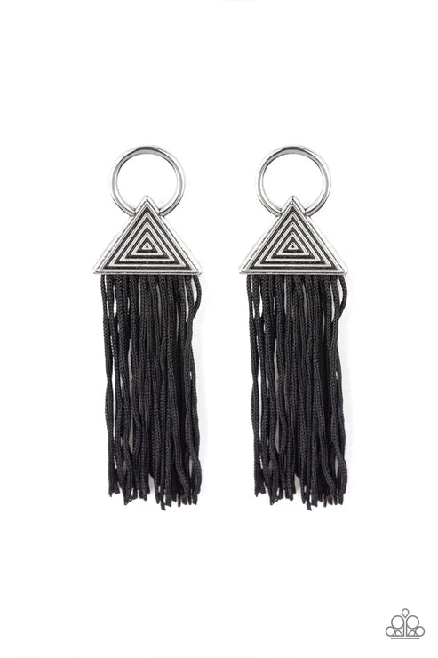 Oh My GIZA - Oversized Black Airy Hypnotic Triangular Cording Streams Dramatic Tassel Hoop Earrings E#7300