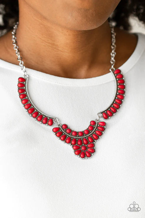 Omega Oasis - Red Interconnected Round/Teardrop Floral Stone Necklace N#5800