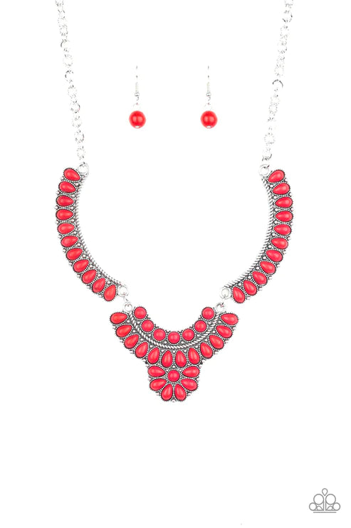 Omega Oasis - Red Interconnected Round/Teardrop Floral Stone Necklace N#5800