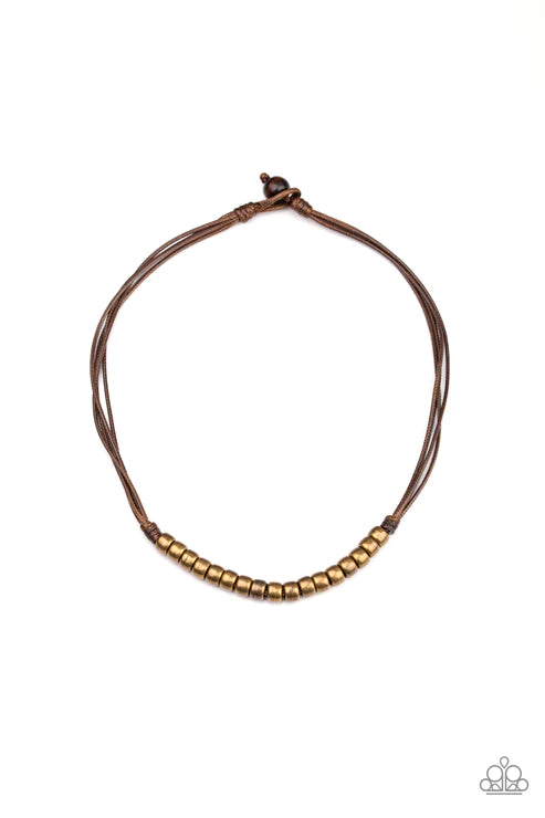 On The TREASURE Hunt - Brown/Brass Knotted Cording Button Loop Closure Urban Necklace N#4587