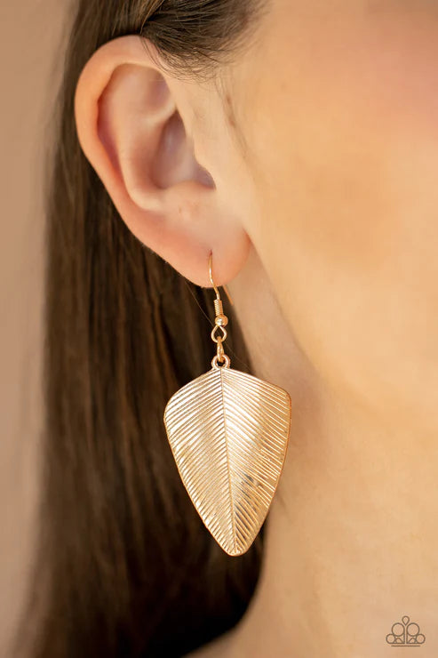 One Of The Flock - Gold Etched Feather Earrings E#4250