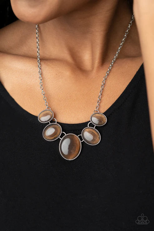 One Can Only GLEAM - Brown Oval Cat's Eye Moonstone Linked Necklace N#6952