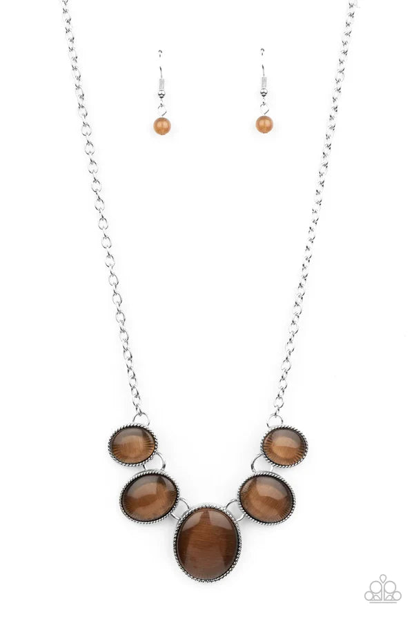One Can Only GLEAM - Brown Oval Cat's Eye Moonstone Linked Necklace N#6952