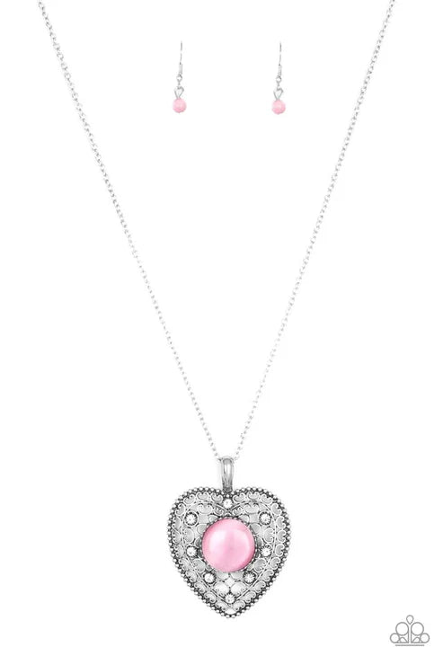 One Heart - Oversized Pink 3D Heart Cat's Eye Moonstone Filigree Encrusted Necklace #4596