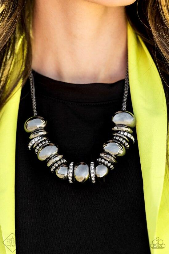 Only the Brave - Oversized Metallic Black/Gunmetal Collision Encrusted Studded Hammered Hoop Necklace N#6915