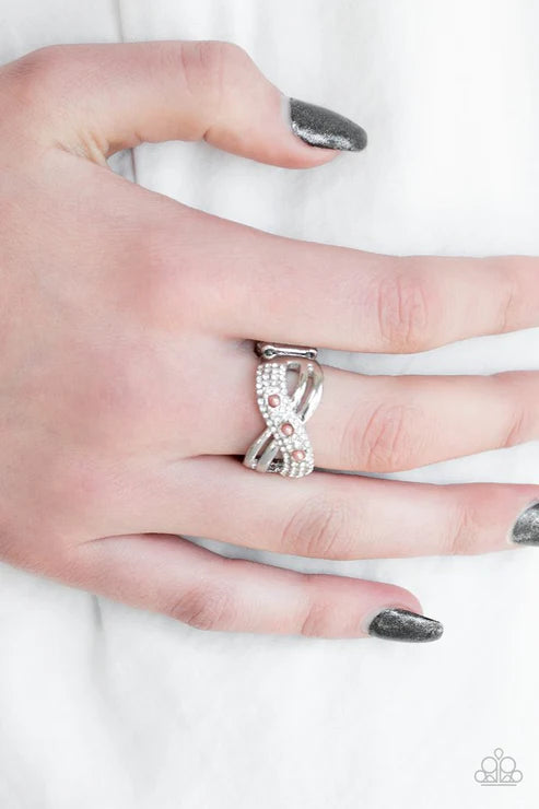 Onstage Opulence - Orange (Coral) Pearl Trio Swoop Crisscross Encrusted Ring R#6429