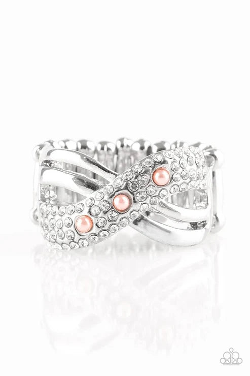 Onstage Opulence - Orange (Coral) Pearl Trio Swoop Crisscross Encrusted Ring R#6429