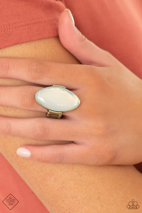 Opal Odyssey - Brass Dewy Iridescence Oversized White Opal Bead Ethereally Rustic Ring R#7375