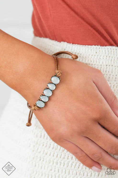 Opal Paradise - Brass Pronged Fittings Row Of Oval/Teardrop Opal White Beads Connects Solitaire Frame Ethereal Centerpiece Knotted Shiny Brown Cording Whimsically Rustic Display Adjustable Sliding Knot Closure Bracelet B#7376