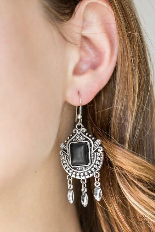 Open Pastures - Black Chiseled Square Stone Ornate Radiating Studded Detail Whimsical Fringe Earrings E#3372