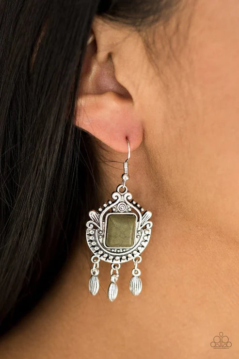 Open Pastures - Green (Olive) Chiseled Square Stone Ornate Radiating Studded Detail Whimsical Fringe Earrings E#3776