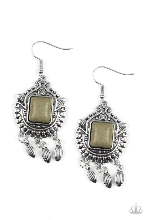 Open Pastures - Green (Olive) Chiseled Square Stone Ornate Radiating Studded Detail Whimsical Fringe Earrings E#3776