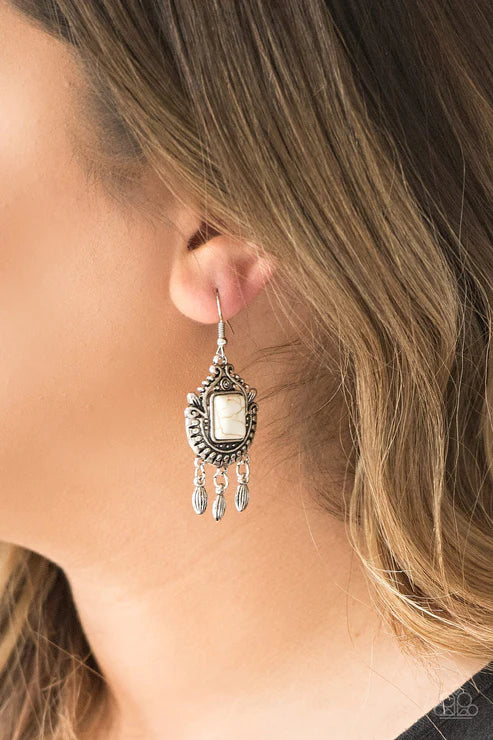 Open Pastures - White Chiseled Square Stone Ornate Radiating Studded Detail Whimsical Fringe Earrings E#6790