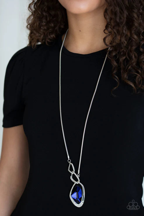 Optical Opulence - Oversized Blue Faceted Abstract Asymmetrical Nestled Linked Encrusted Necklace N#6334