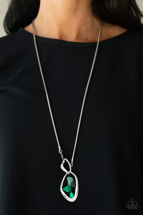 Optical Opulence - Oversized Green Faceted Abstract Asymmetrical Nestled Linked Encrusted Necklace N#2088